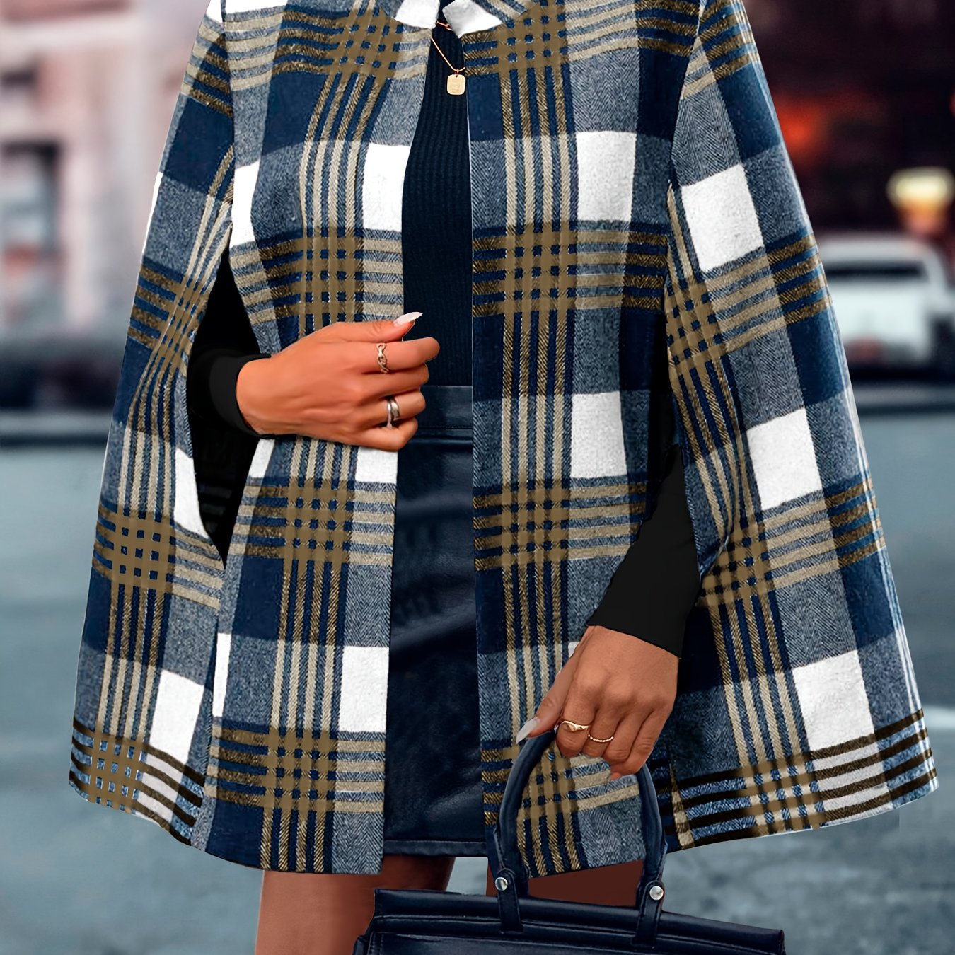 Chic Plaid Hooded Cape Coat for Women