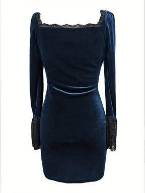 Vestido Elegante Feminino em A-Line com Decote Quadrado e Fenda - Manga Longa - Vestido de Festa de Casamento e Eventos Formal para Todo o Ano, Cor Sólida (Lavagem à Mão/Limpeza a Seco)