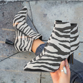 Botas Curtas de Salto Alto com Estampa de Zebra para Mulheres, Sapatos Casuais Confortáveis