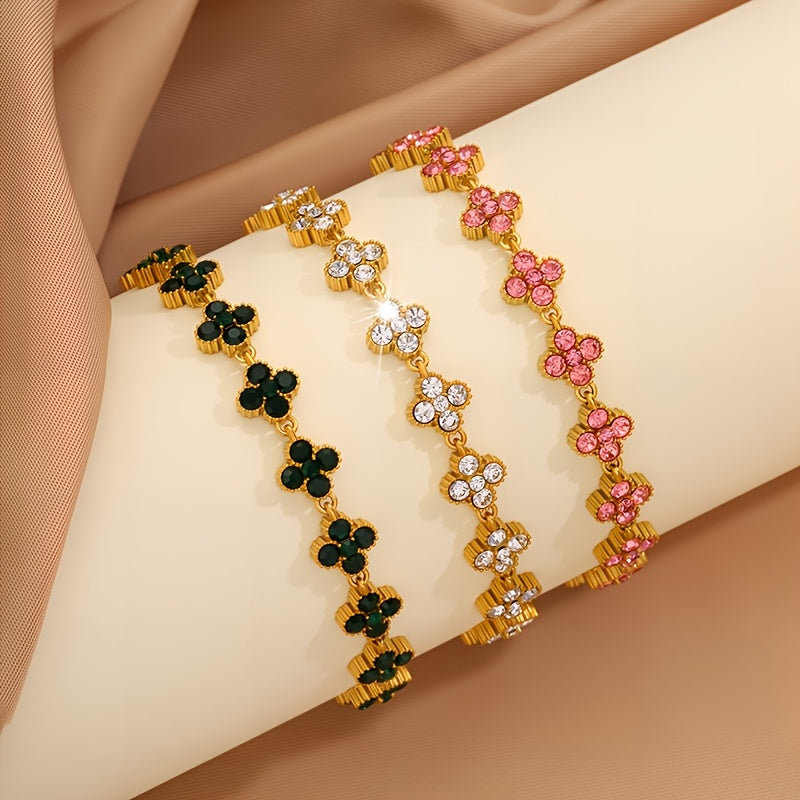 1pc Pulseira Elegante de Aço Inoxidável - Design Floral Trevo de Quatro Folhas com Corrente Verde e Tom Dourado, Compatível para Uso Diário, Festas ou Formais - Presente Perfeito de Aniversário/Aniversário para Ele - Joia Masculina para o Ano Todo, Acessório Estiloso, Artesanato Fino, Moda para Amantes da Estética