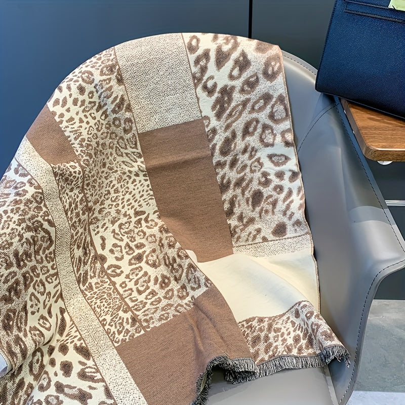 Lenço Elegante de Estampa Leopardo para Mulheres - Bege/Marrom/Preto, Tecido Macio Não Elástico, Longo e Aconchegante para Inverno, Escritório ou Festas - Acessório Chique para Clima Frio, Jacquard Premium, Estilo Moderno, Ideal para Eventos