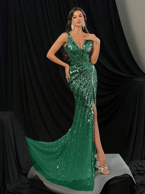 Vestido de Sereia Elegante com Decote em V e Brilhantes, Sem Mangas em Poliéster, 100% Poliéster, Para Todas as Estações, Ajuste Elegante, Comprimento no Chão com Padrão Geométrico, Sem Cinto, para Jantar Formal de Adulto