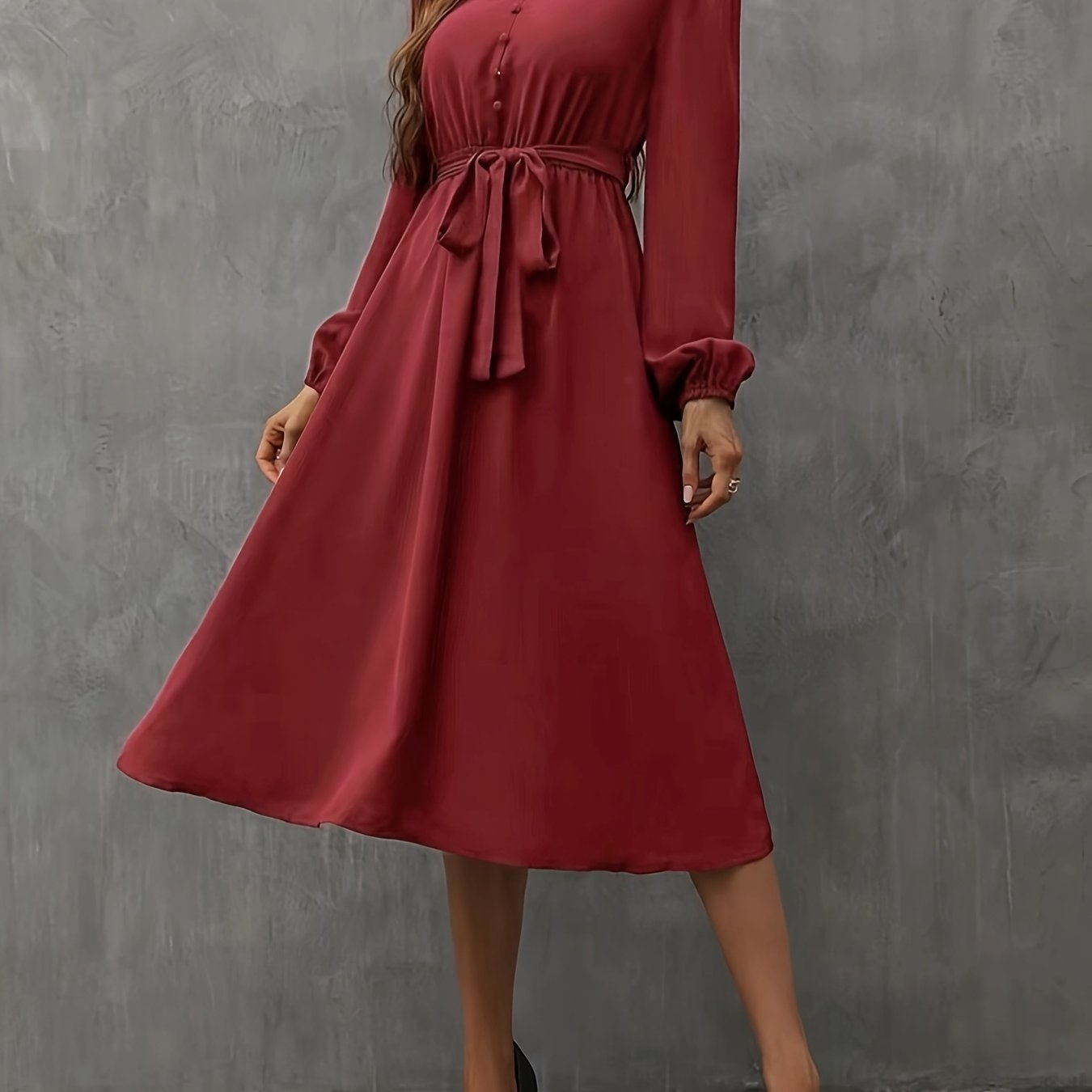 Burgundy Vintage V-Neck Dress with Ruffle Sleeves