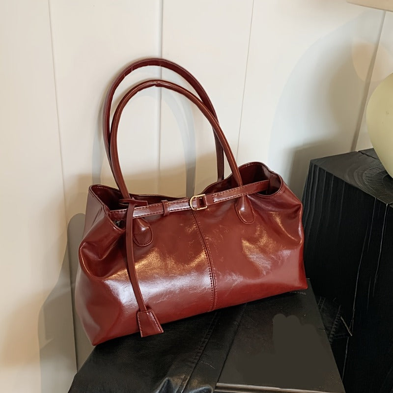 Bolsa Feminina Elegante - Tote de Grande Capacidade com Fecho IC e Detalhes Dourados, Preto Brilhante/Marrom Cintilante/Vermelho/Café - Bolsa Redonda Minimalista para Viagem ou Uso Diário - Necessaire Durável, Bolsas para Mulheres, Bolsa Tote para Mulheres, Bolsa de Ombro para Mulheres, Bolsas Tote para Mulheres, Bolsas Modernas para Mulheres, Bolsas de Mão para Mulheres, Bolsa Urbana, Bolsas para Mulheres, Bolsa Tote de Grande Capacidade, Mochila Universitária,