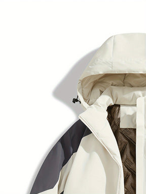 Jaqueta de Esqui Feminina à Prova de Vento e Isolada - Casaco de Inverno com Capuz, Bloco de Cores Branco/Preto, Mangas Longas com Bolsos Zíperados para Ski Alpino/Freestyle & Snowboard - Lavável em Máquina, Equipamento para Clima Frio, Estética Moderna, Material de Alta Performance, Para Entusiastas do Ar Livre