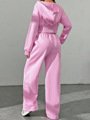 Conjunto Casual Feminino de Duas Peças em Cor Sólida: Jaqueta com Capuz e Zíper & Calças Jogger com Cintura Elástica - Poliéster, Lavável à Máquina