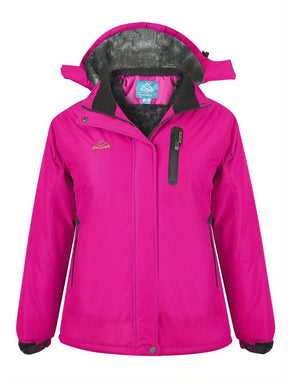 Casaco de esqui feminino com forro azul claro, capuz removível, gola de corte completo com fecho de correr, design com capuz, forro de lã multi-bolsos, ideal para esportes de inverno, snowboard, caminhadas e acampamentos, casaco de esportes de inverno|casaco com capuz|casaco forrado