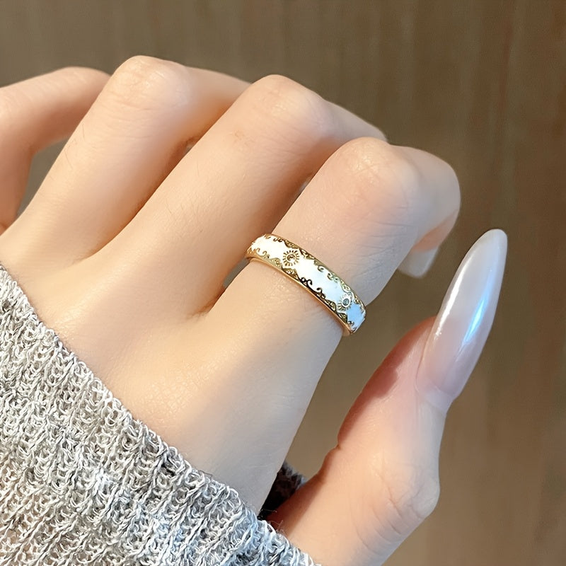 1pc READKISS Anel Largo de Mulheres Inspirado no Vintage com Acessórios de Zircônia Sintética, Floral e Lua Estrela em Esmalte Dourado - Ideal para Uso Diário e Festas, Joias de Festa | Anel Inspirado no Vintage | Acessórios de Zircônia Sintética