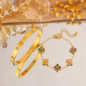 Conjunto de 2 Pulseiras ACNODE em Aço Inoxidável - Design Floral Elegante com Aplicações de Strass, Banhadas a Prata, Perfeitas para Deslocações Diárias e Festas, Presente Ideal para Homens, Acessórios de Festa|Conjunto de Pulseiras Florais|Pulseiras Duráveis