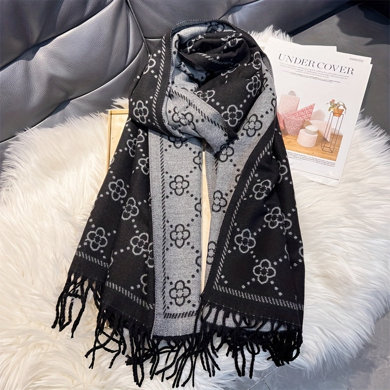 Cachecol de Luxo Imitação Caxemira para Mulher - Elegante Envolvimento de Xaile de Dupla Face, Acessório de Inverno Macio e Quente para Looks Formais e Diários - Cachecol de Moda Sofisticado para Clima Frio em Preto e Cinzento, Envolvimento de Pescoço Versátil, Tecido Jacquard, Tecido Premium