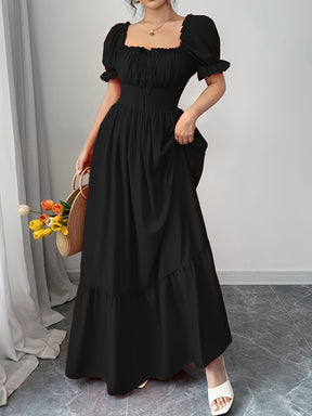 Women's Square Neck Bubble Sleeve Bow Front Open Back High Waist Dress