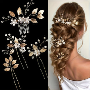 Conjunto de 4 peças de acessórios elegantes para o cabelo de casamento - Imitação de pérola, cristal, rhinestone, pente, clipe e peças de flores para noivas e damas de honra, acessórios para o cabelo de casamento para a noiva, acessório para o cabelo de mulher, agulha para o cabelo, acessório para o cabelo de noiva