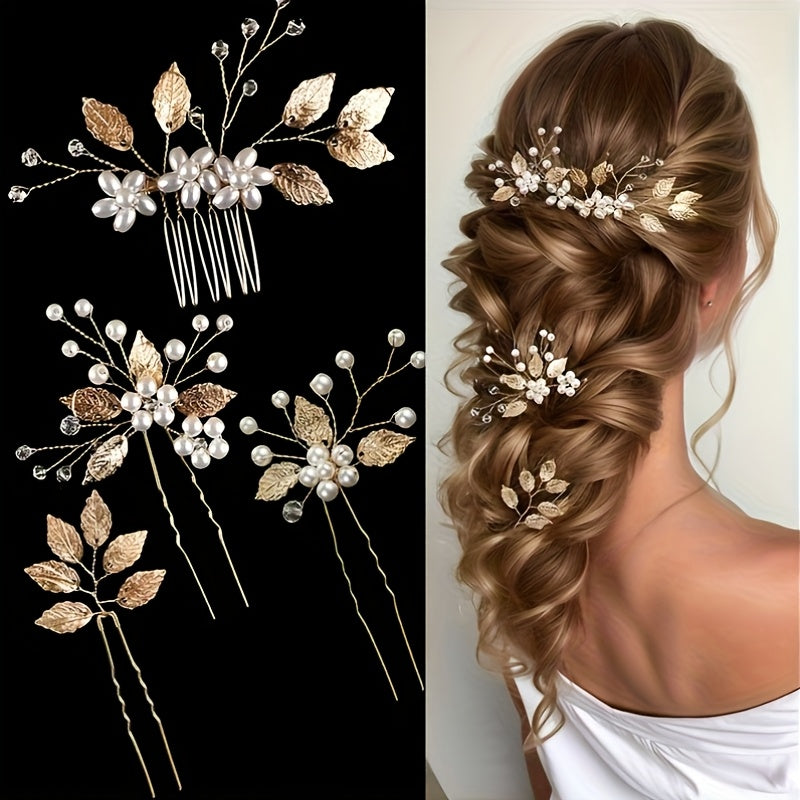 Conjunto de 4 peças de acessórios elegantes para o cabelo de casamento - Imitação de pérola, cristal, rhinestone, pente, clipe e peças de flores para noivas e damas de honra, acessórios para o cabelo de casamento para a noiva, acessório para o cabelo de mulher, agulha para o cabelo, acessório para o cabelo de noiva