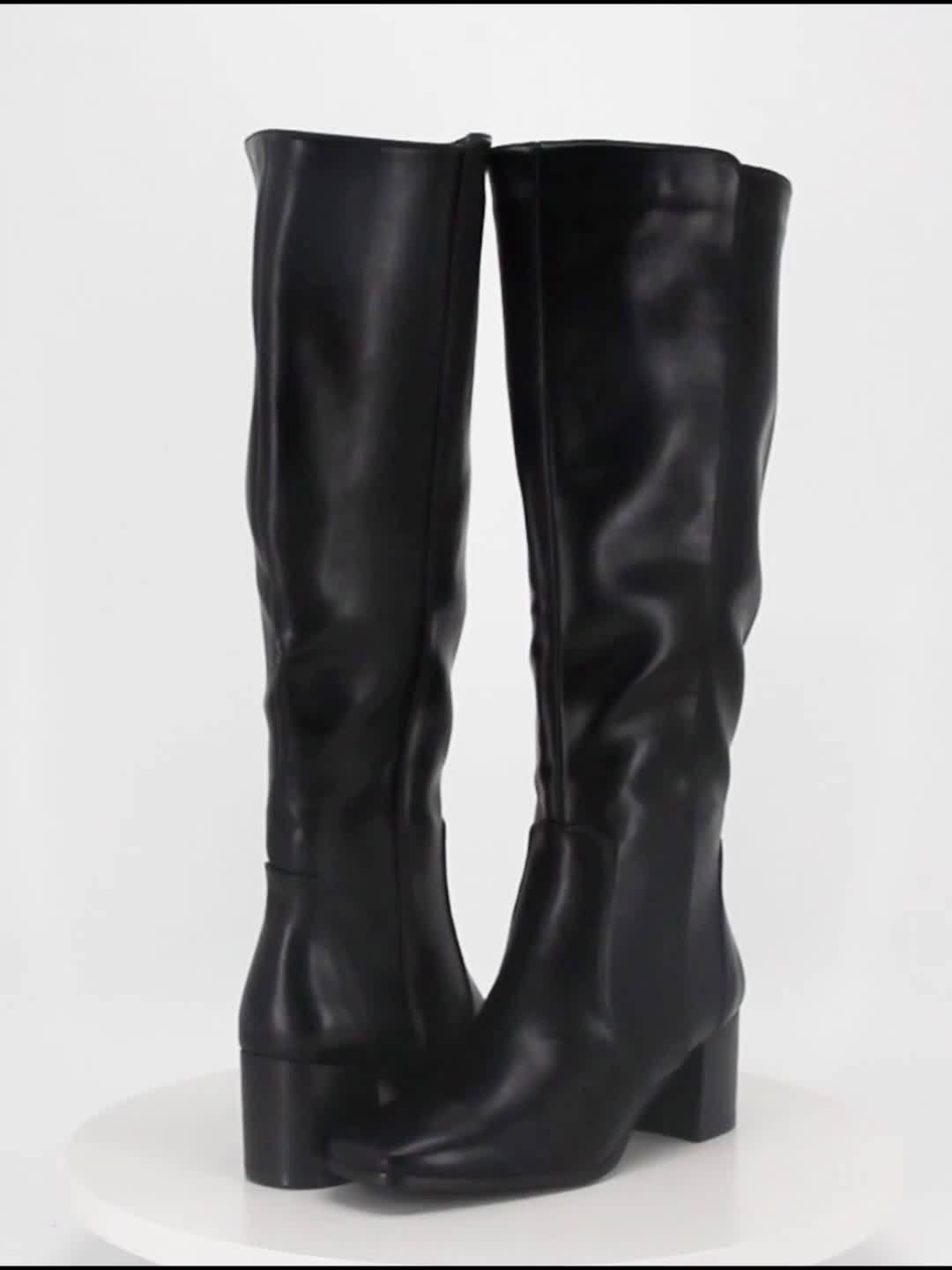 Botas de cano alto para mulheres, botas de salto médio com bloco grosso, ponta quadrada, botas altas com fecho lateral e zíper, botas longas de salto alto para mulheres