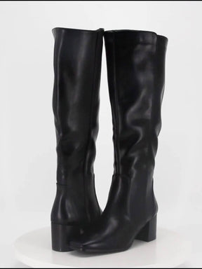 Botas de cano alto para mulheres, botas de salto médio com bloco grosso, ponta quadrada, botas altas com fecho lateral e zíper, botas longas de salto alto para mulheres