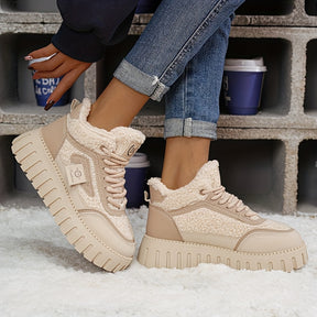 Botins de Inverno Quentes com Forro de Lã para Mulher - Botas de Neve Aconchegantes de Biqueira Redonda com Fecho de Cordões, Tração Antiderrapante, Sola de Borracha Espessa e Forro Aveludado, & Sapatos Casuais Castanhos para Clima Frio, Botas de Inverno