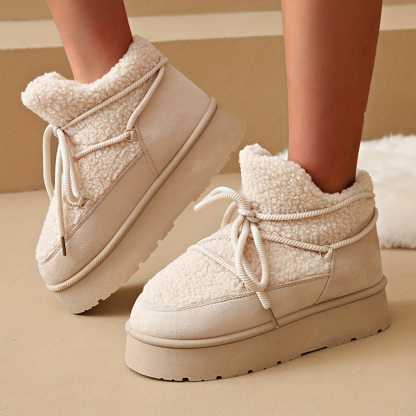 Botas de Neve Aconchegantes para Mulheres - Forro de Pelúcia, Sola Grossa, Cadarços Ajustáveis, Botinhas com Acabamento em Pele Sintética Bege para Máximo Calor e Conforto, Botas de Inverno