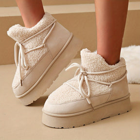 Botas de Neve Aconchegantes para Mulheres - Forro de Pelúcia, Sola Grossa, Cadarços Ajustáveis, Botinhas com Acabamento em Pele Sintética Bege para Máximo Calor e Conforto, Botas de Inverno