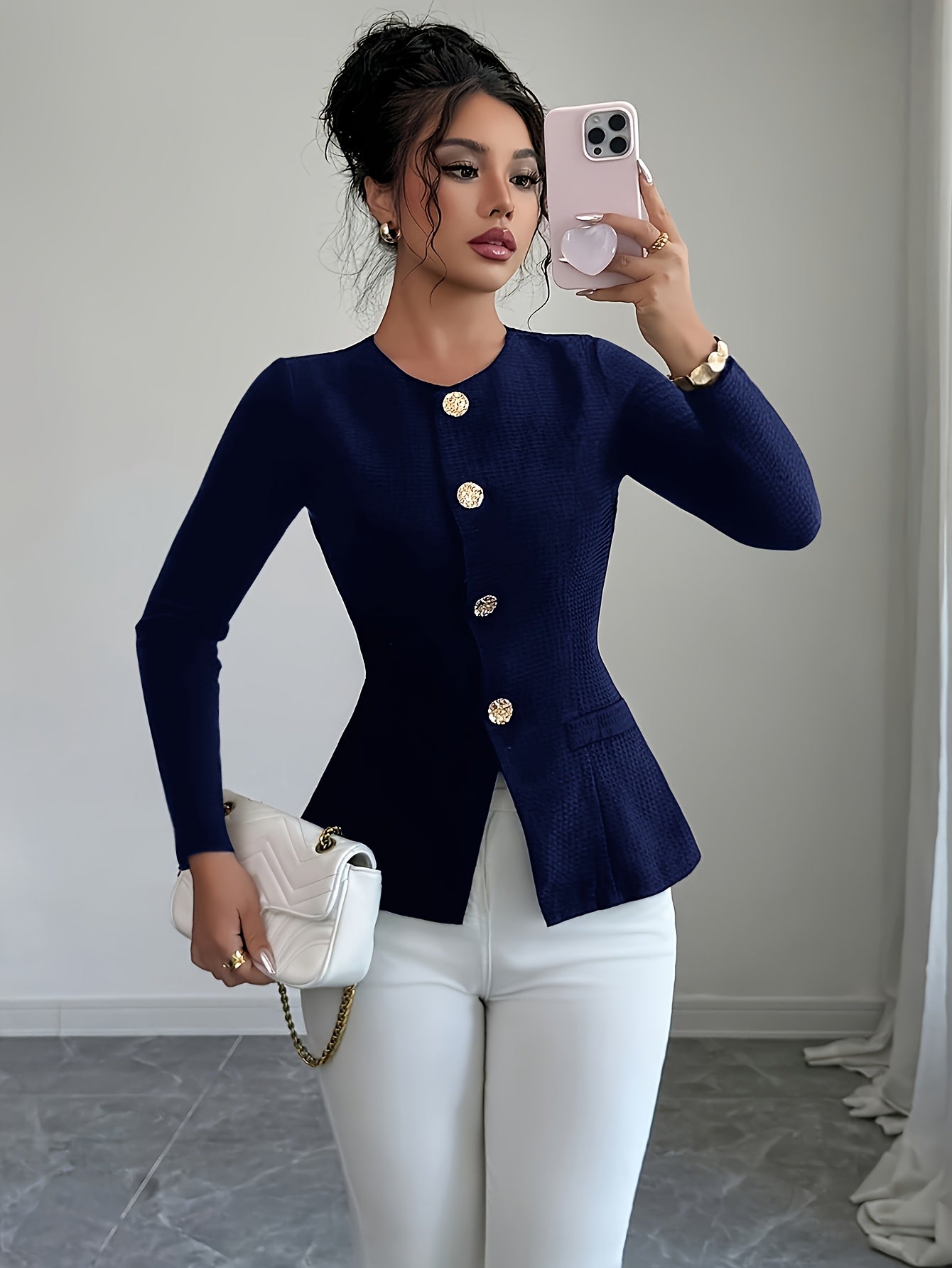 Fashion Long Sleeve Waist-Tightening Jacket with Golden Button Decoration, Versatile for Daily Wear, Spring and Summer