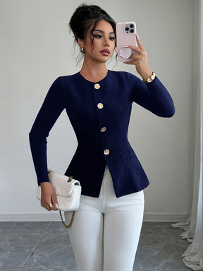 Fashion Long Sleeve Waist-Tightening Jacket with Golden Button Decoration, Versatile for Daily Wear, Spring and Summer