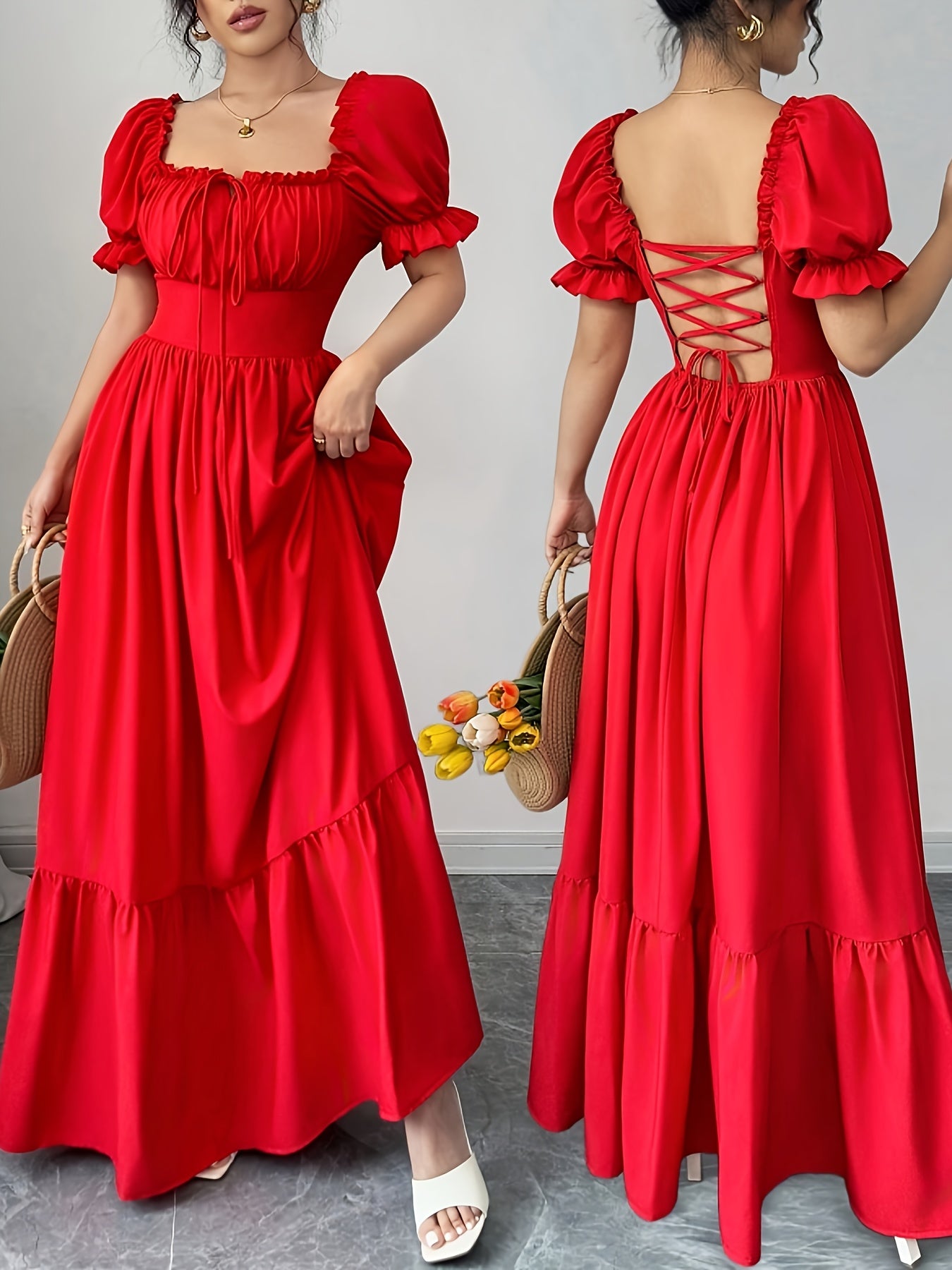 Women's Square Neck Bubble Sleeve Bow Front Open Back High Waist Dress