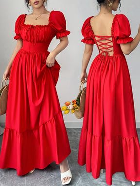 Women's Square Neck Bubble Sleeve Bow Front Open Back High Waist Dress