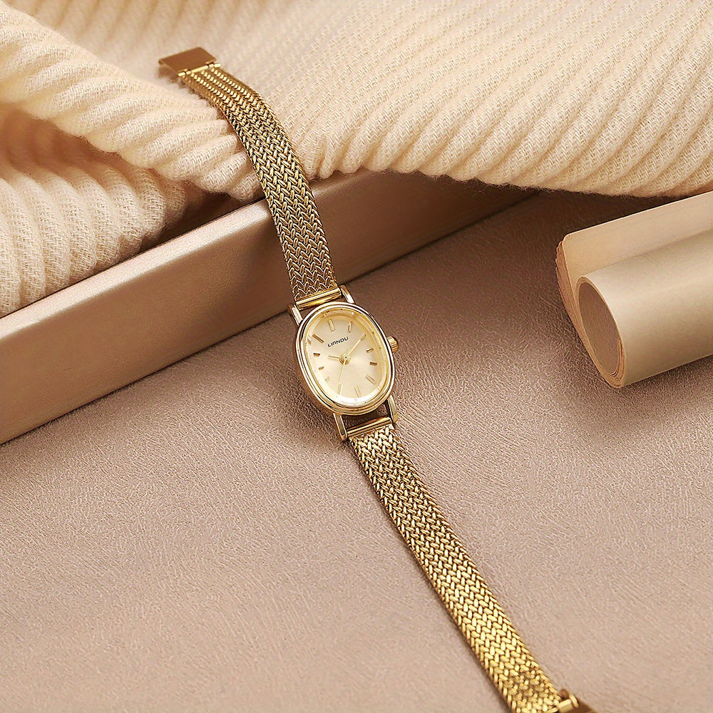 1pc Relógio SOKI Feminino em Tom Dourado - Pulseira Minimalista Elegante com Corrente de Liga, Movimento Quartz, Joia para Dia a Dia e Formal, Presente Perfeito para Mulheres, Acessório Profissional, Design Moderno, Material Durável, Peça de Moda, Acabamento Ouro