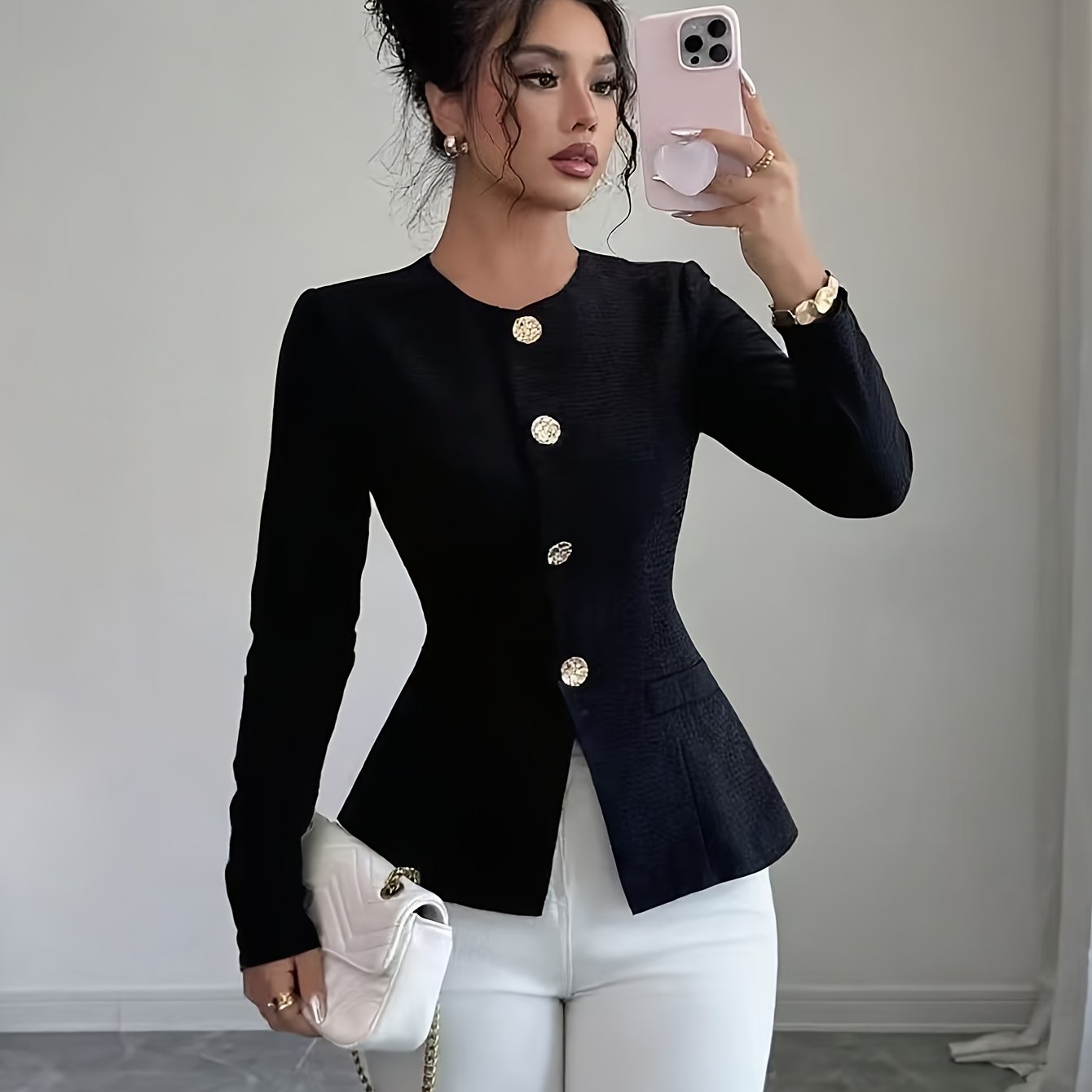 Elegant Waist-Tightening Jacket with Golden Accents