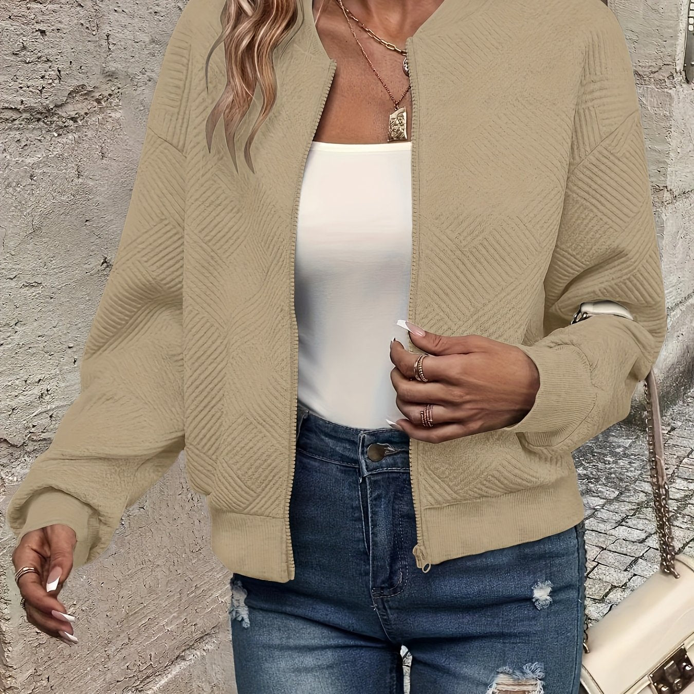 Chic Green Textured Zip Jacket for Women