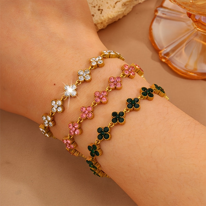 1pc Pulseira Elegante de Aço Inoxidável - Design Floral Trevo de Quatro Folhas com Corrente Verde e Tom Dourado, Compatível para Uso Diário, Festas ou Formais - Presente Perfeito de Aniversário/Aniversário para Ele - Joia Masculina para o Ano Todo, Acessório Estiloso, Artesanato Fino, Moda para Amantes da Estética