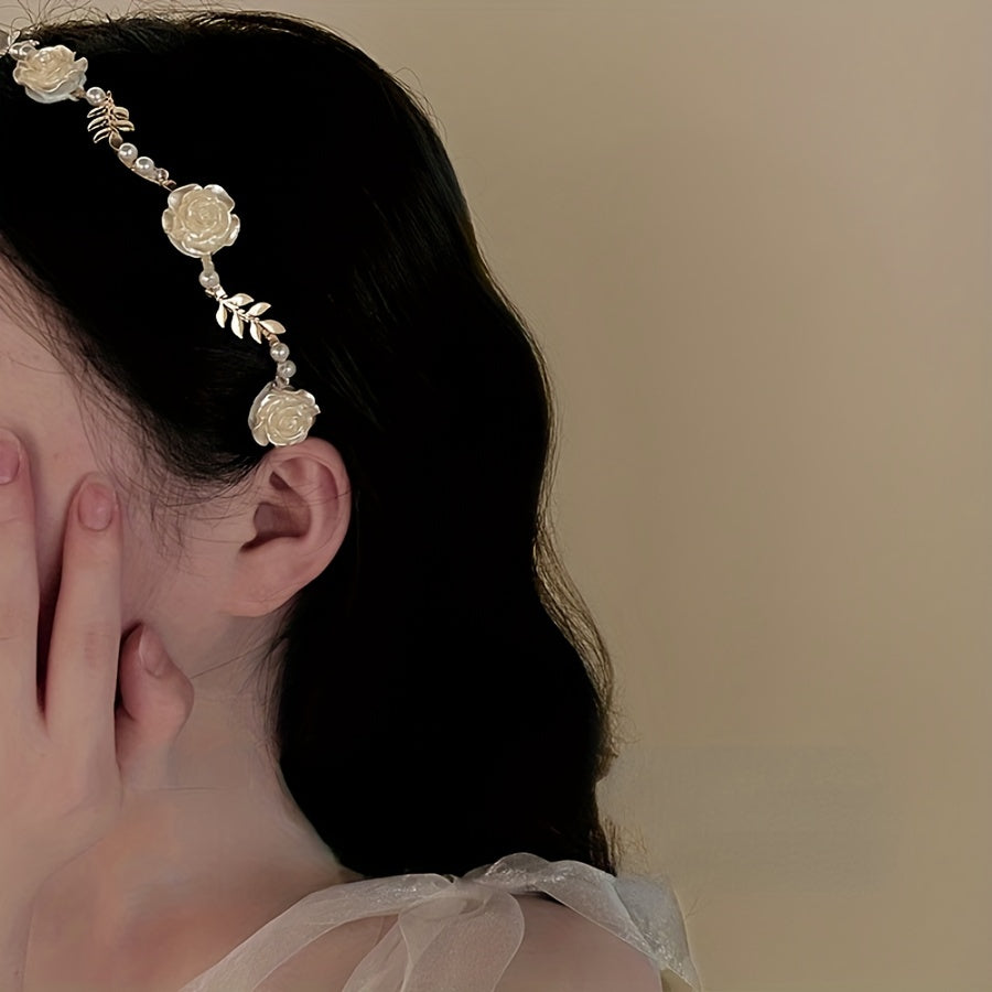 1pc Elegante Faixa de Cabelo Rosa & Pérola Falsa - Acessório de Cabelo Estilo Vintage Francês para Mulheres, Rosas Vermelhas com Detalhes Dourados, Perfeito para Uso Diário, Acessórios de Cabelo para Mulheres