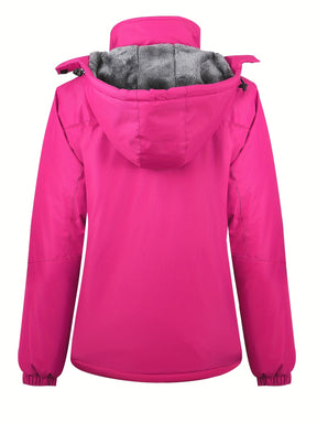 Casaco de esqui feminino com forro azul claro, capuz removível, gola de corte completo com fecho de correr, design com capuz, forro de lã multi-bolsos, ideal para esportes de inverno, snowboard, caminhadas e acampamentos, casaco de esportes de inverno|casaco com capuz|casaco forrado