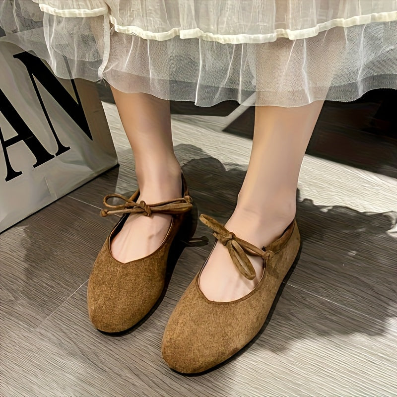 Ballets Retro Mary Jane Femininos - Corte Baixo, Slip-On com Atacadores, Sola EVA Ultra Suave e Biqueira Redonda - Castanho/ - Calçado Versátil, Confortável para Todas as Estações, Design Elegante, Para Amantes da Moda