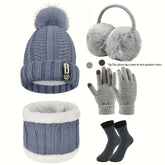 Conjunto de 5 peças de equipamento desportivo de inverno para atividades ao ar livre: Chapéu de malha quente e espessa, Golas, Luvas de ecrã tátil, Protetores de orelha de peluche e Meias de neve, Adequado para Esqui, Ciclismo e Caminhadas ao ar livre
