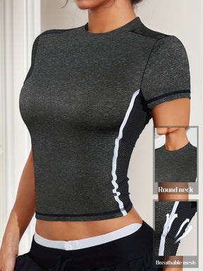 T-shirt de Yoga Feminino - Top de Treino Slim Fit com Painéis Laterais em Malha, Tecido Elástico e Respirável para Ginásio, Corrida, Caminhada - Camisola Desportiva de Primavera/Outono em Rosa/Branco/Preto/Cinzento/