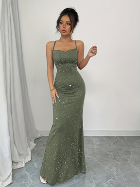 Vestido Elegante de Sereia para Mulheres com Alça nas Costas e Costas Cruzadas - Vestido de Cauda de Sereia com Zíper Exposto, Manga Curta e Cor Sólida Brilante para Casamentos na Praia, Formaturas, Festas - Vestido Formal de Primavera/Verão Lavável na Máquina