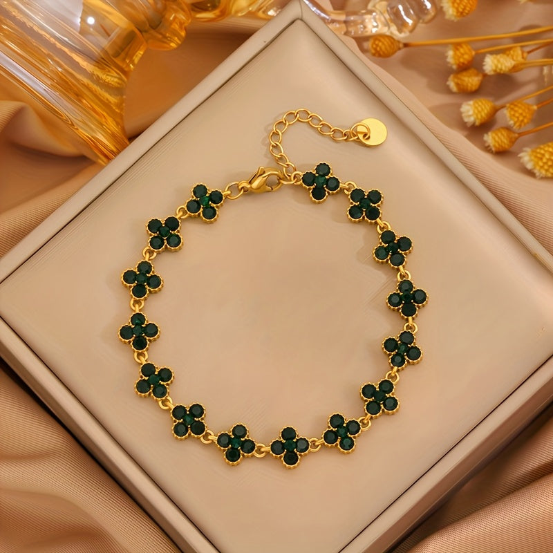 1pc Pulseira Elegante de Aço Inoxidável - Design Floral Trevo de Quatro Folhas com Corrente Verde e Tom Dourado, Compatível para Uso Diário, Festas ou Formais - Presente Perfeito de Aniversário/Aniversário para Ele - Joia Masculina para o Ano Todo, Acessório Estiloso, Artesanato Fino, Moda para Amantes da Estética