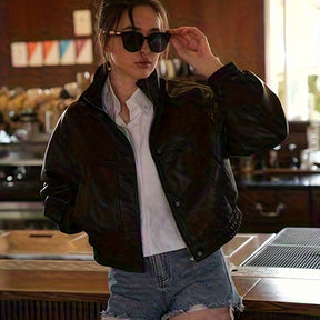 Chic PU High Collar Women's Jacket with Zipper Pockets