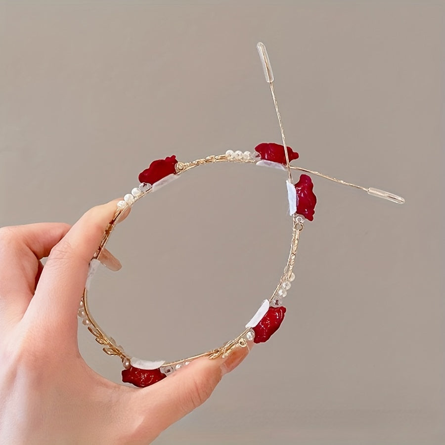 1pc Elegante Faixa de Cabelo Rosa & Pérola Falsa - Acessório de Cabelo Estilo Vintage Francês para Mulheres, Rosas Vermelhas com Detalhes Dourados, Perfeito para Uso Diário, Acessórios de Cabelo para Mulheres