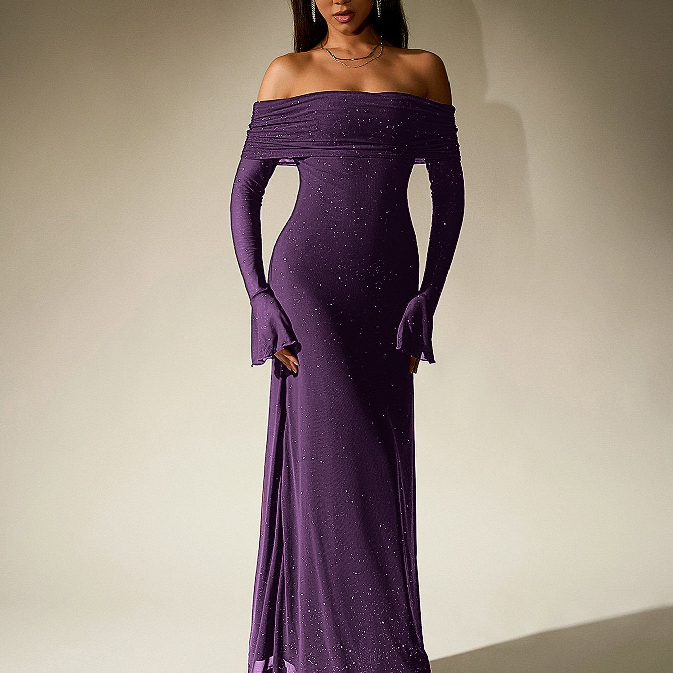 Elegant Off-Shoulder Sequin Maxi Dress with Bell Sleeves