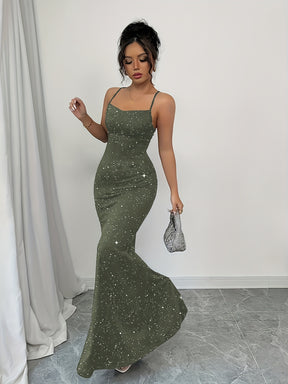 Vestido Elegante de Sereia para Mulheres com Alça nas Costas e Costas Cruzadas - Vestido de Cauda de Sereia com Zíper Exposto, Manga Curta e Cor Sólida Brilante para Casamentos na Praia, Formaturas, Festas - Vestido Formal de Primavera/Verão Lavável na Máquina