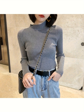 Blusa Feminina Preta Elegante - Gola Alta de Manga Longa, Modelo Slim Fit para Outono/Inverno, Ideal para Looks Casuais e Formais, Tecido Macio e Sofreto