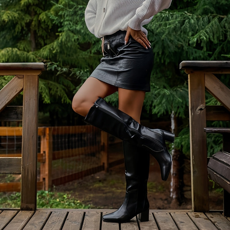 Botas de cano alto para mulheres, botas de salto médio com bloco grosso, ponta quadrada, botas altas com fecho lateral e zíper, botas longas de salto alto para mulheres