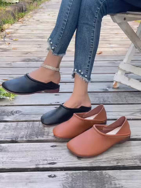 Chinelos Mocassim Retrô Femininos - Sapatilhas Marrons de Bico Redondo com Sola de Borracha Macia, Para Todas as Estações/Exterior, Fácil de Limpar e Lavável à Mão - Botinhas Baixas Amigáveis para Avós e Idosos