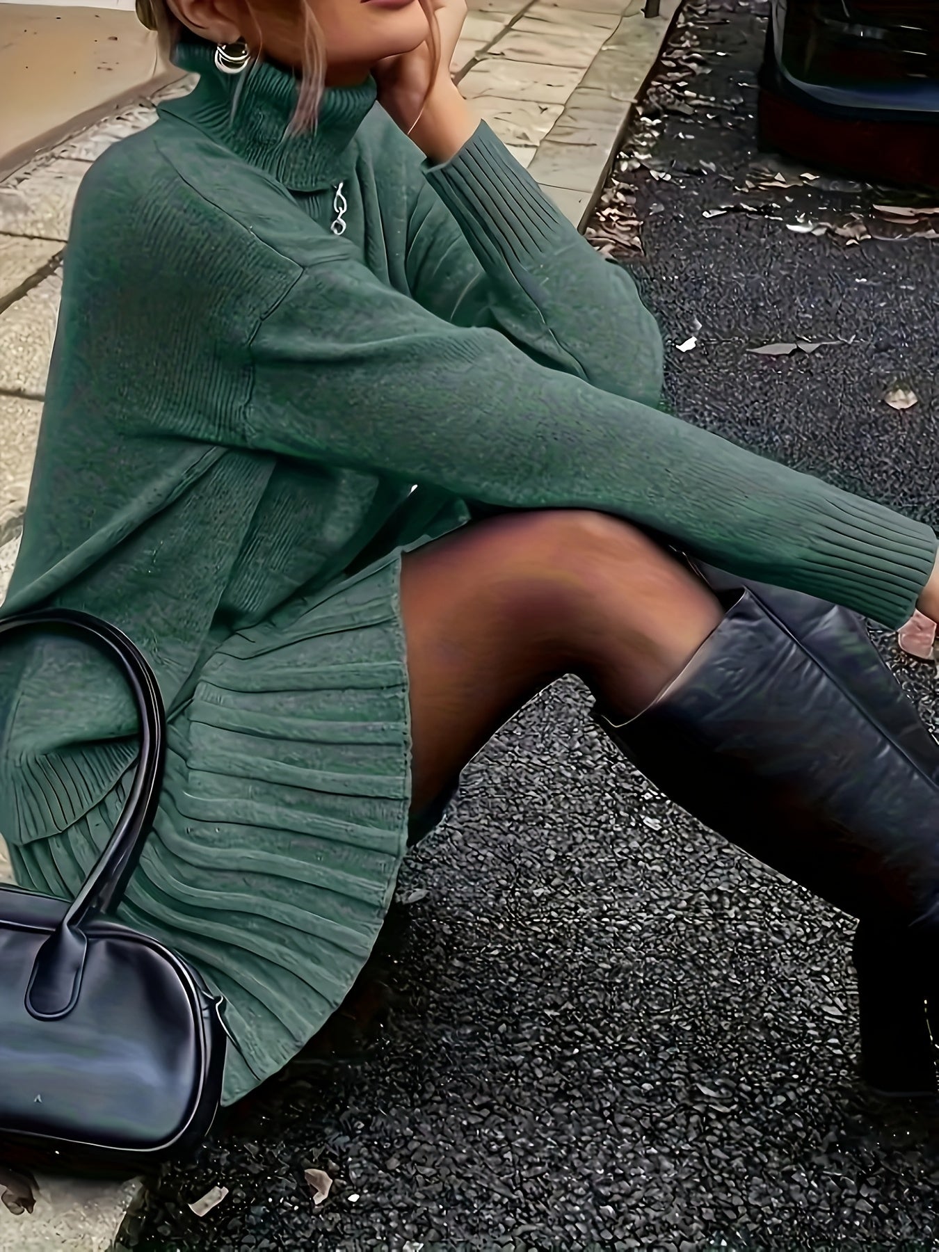 Conjunto Elegante de Camisola de Gola Alta e Saia de Cor Lisa para Mulher - Manga Comprida, Bainha com Folhos, Roupa de Outono/Inverno, Estilo Casual Chic, Perfeito para Roupa Casual, Roupa Aconchegante de Outono, |Estilo Elegante|construção, Vestido de Camisola