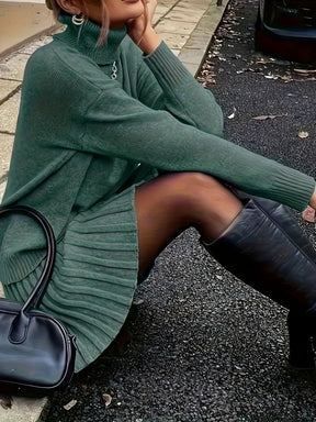 Conjunto Elegante de Camisola de Gola Alta e Saia de Cor Lisa para Mulher - Manga Comprida, Bainha com Folhos, Roupa de Outono/Inverno, Estilo Casual Chic, Perfeito para Roupa Casual, Roupa Aconchegante de Outono, |Estilo Elegante|construção, Vestido de Camisola