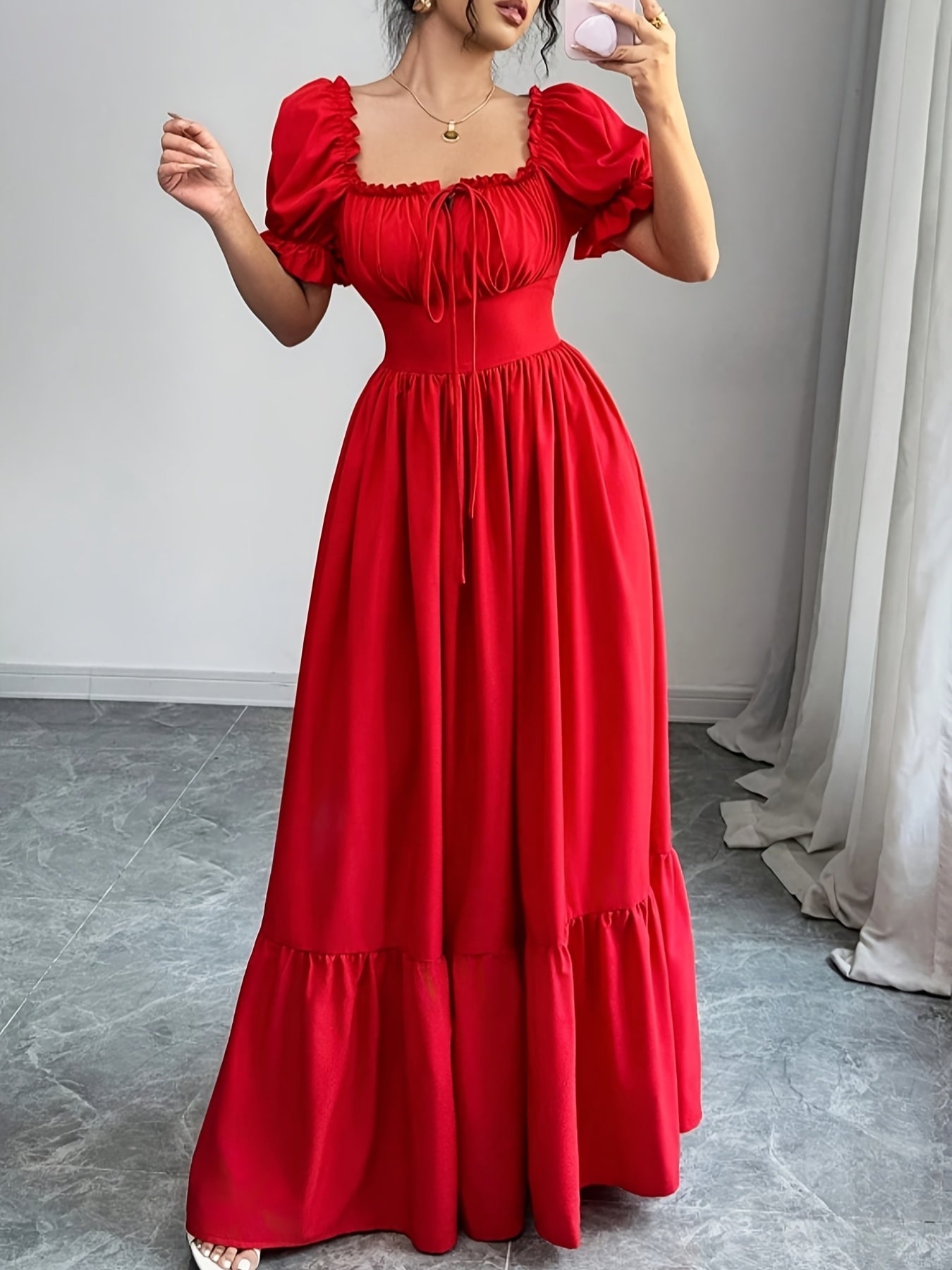 Women's Square Neck Bubble Sleeve Bow Front Open Back High Waist Dress