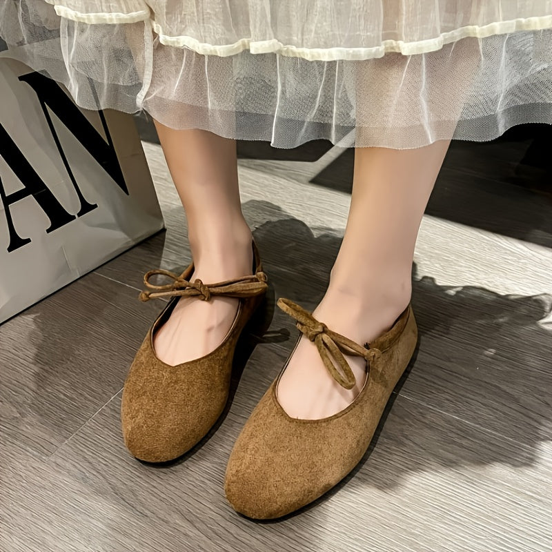 Ballets Retro Mary Jane Femininos - Corte Baixo, Slip-On com Atacadores, Sola EVA Ultra Suave e Biqueira Redonda - Castanho/ - Calçado Versátil, Confortável para Todas as Estações, Design Elegante, Para Amantes da Moda