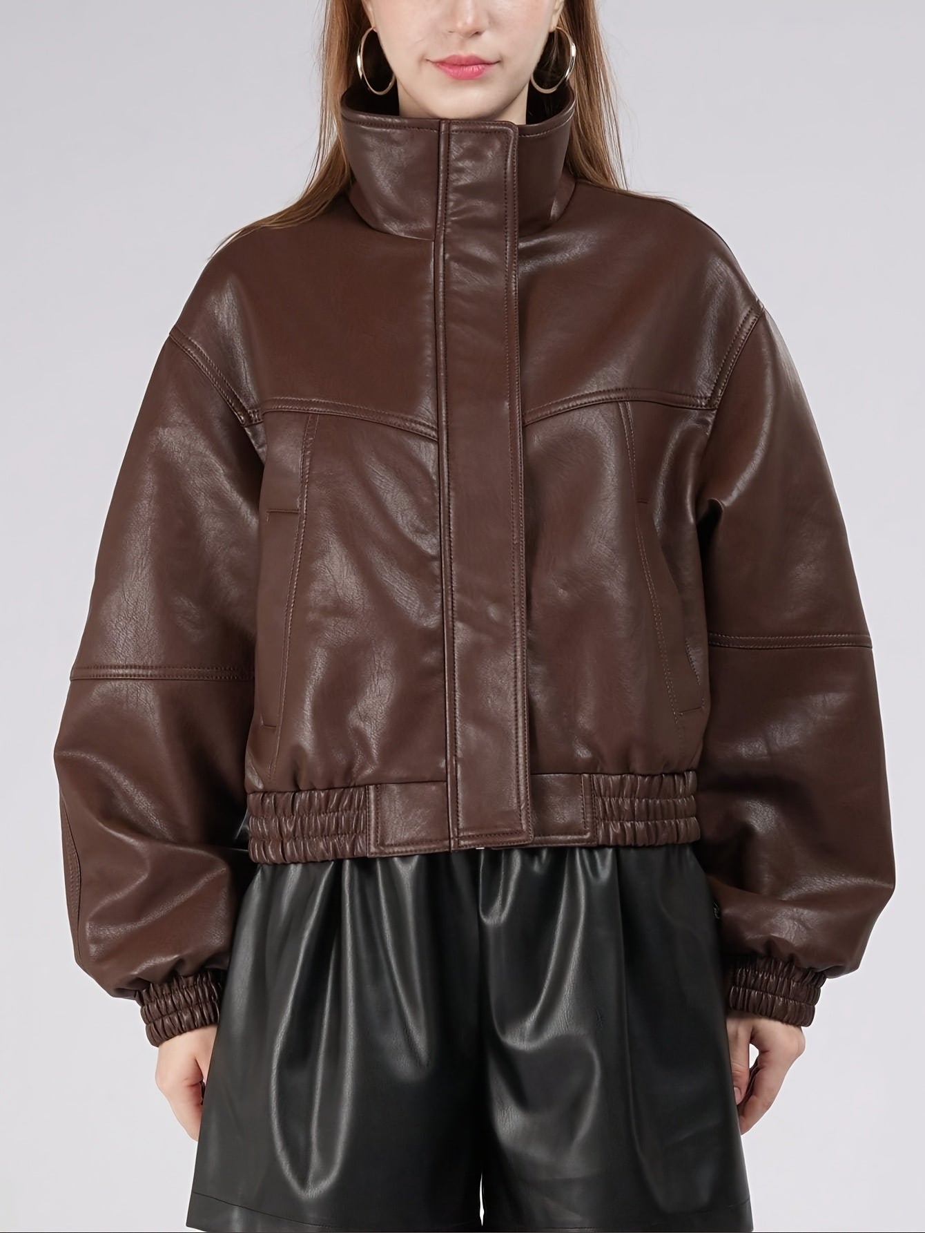 Casaco de Mulher em PU de Cor Sólida com Gola Alta e Bolso com Fecho, Estilo OUTTA BOX, Elegante e Casual, Doce e Cool, Adequado para Uso Diário, Festas, Outono e Inverno, Natal, Ano Novo.