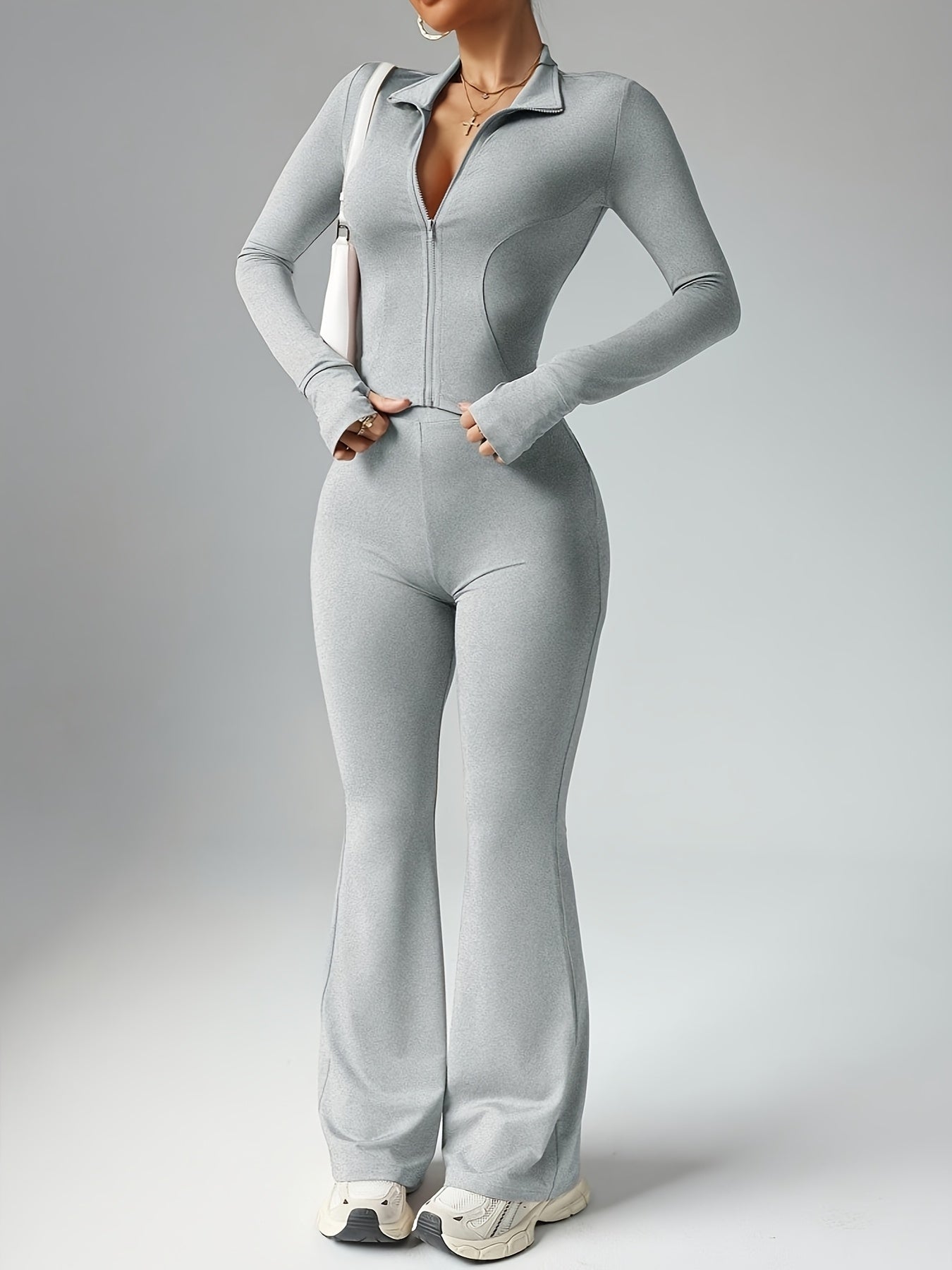 Conjunto Casual Feminino Primavera/Verão 25 Anos: Jaqueta Aberta com Zíper e Calça Flare Ajustada, Top Slim Fit com Bolsos para Polegar e Calças de Cintura Alta